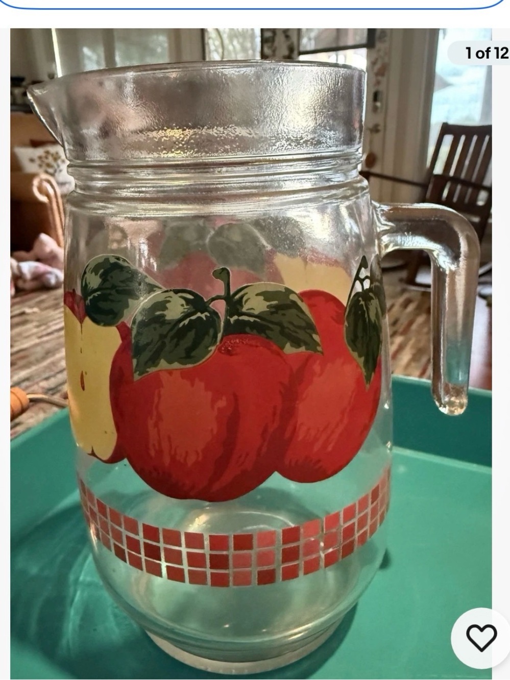 Vintage KIG Malaysia Clear Glass 48oz Handled Pitcher, Red Apple & 2 KIG Glasses